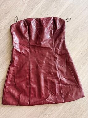 Peppermayo Strapless Faux Leather Mini Dress in Burgundy